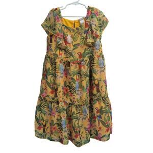 Little girls short sleeve tiered midi dress in yellow w/tropical bird print H&M